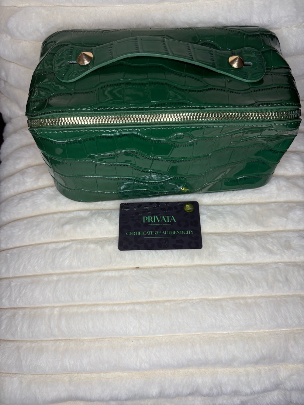 Privata’s Green Patent Croc Embossed Makeup  Case Zip Vanity Bag Gold Hardware